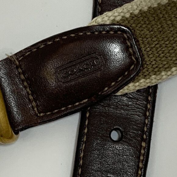 Coach Brown Leather and Army Green Cream Nylon Belt - Picture 3 of 7